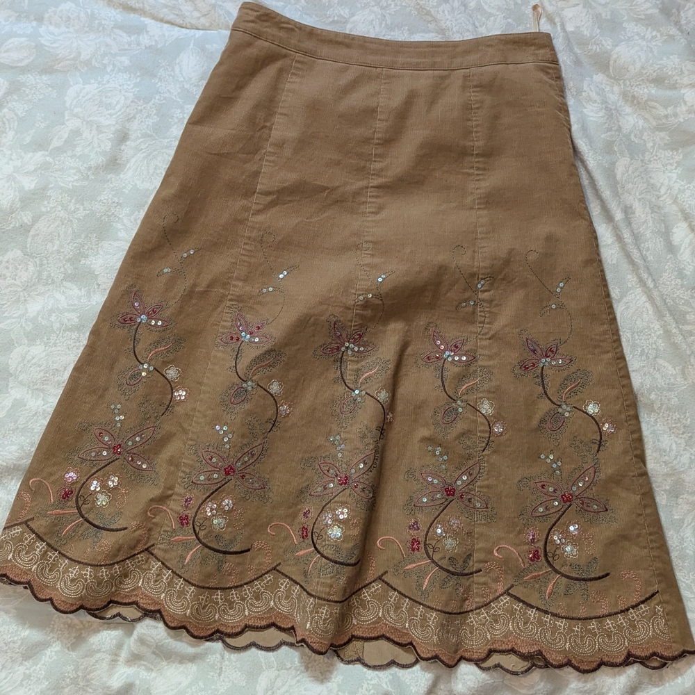 Brown Embroidered A-Line Skirt